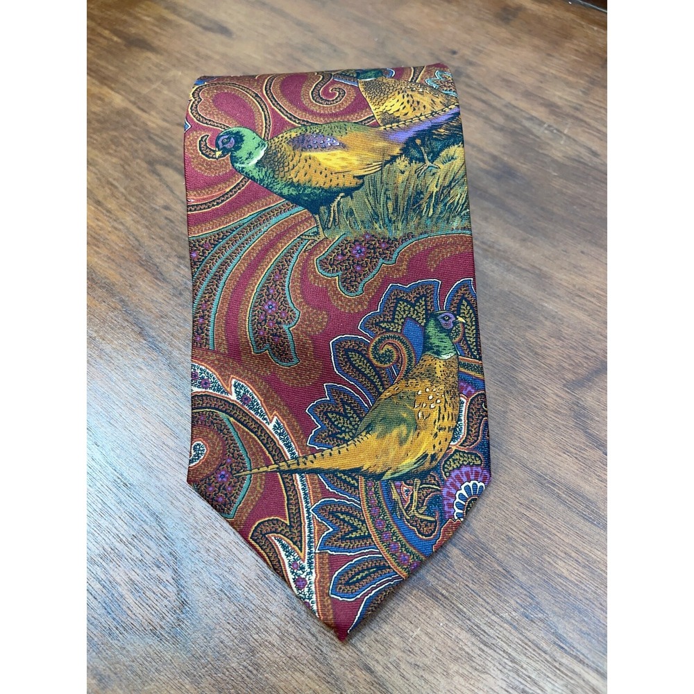 Paisley & Pheasant Croft & Barrow 100% Silk Brown Print Men's Tie Made USA EUC